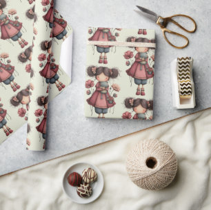 Papel De Presente Menina com boneca de sapo padrão caprichoso fofo