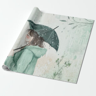 Papel De Presente Menina com Guarda-Chuva Azul Turquesa Jardim Chuvo