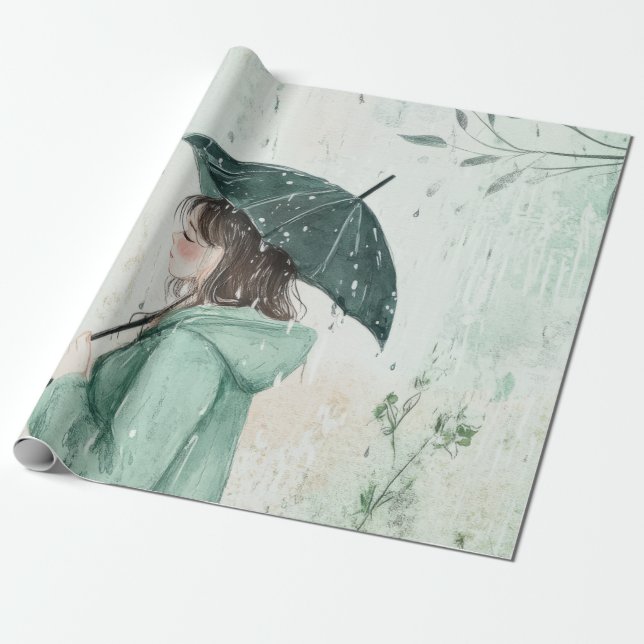 Papel De Presente Menina com Guarda-Chuva Azul Turquesa Jardim Chuvo (Desenrolado)