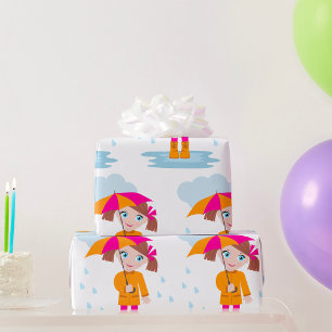 Papel De Presente Menina com Guarda-chuva na Chuva Dia Chuvoso Crian