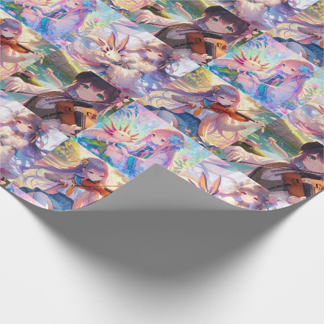 Papel De Presente Menina de animação com Axolotls tocando violino (Ponta)