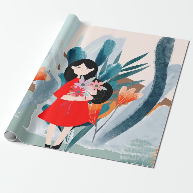 Papel De Presente Menina de arte em quadrinhos na floresta (Desenrolado)