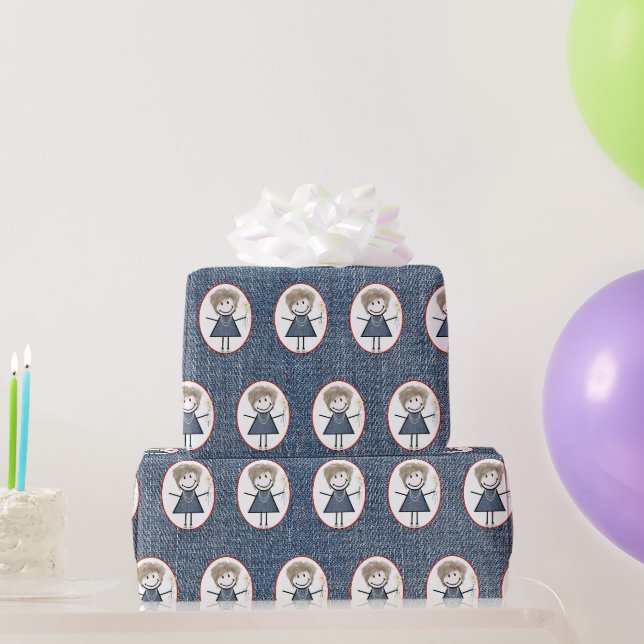 Papel De Presente Menina de palito com tênis em jeans azul (Presentes para festas)