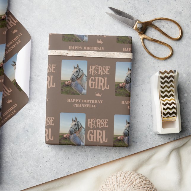 Papel De Presente Menina do Cavalo Personalizada (Custom Photo and Name Horse Girl Wrapping Paper)