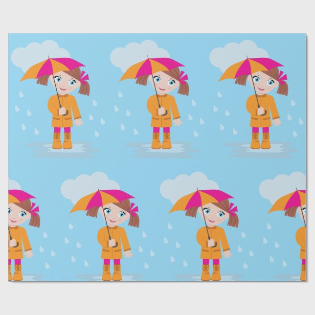Papel De Presente Menina em Casaco Laranja de Chuva com Guarda-Chuva (Aberto)
