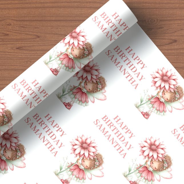 Papel De Presente Menina Fada de Rosto Rosado Envoltório de Aniversá (Floral Fairy Girl Blush Pastel Birthday Wrapping Paper)