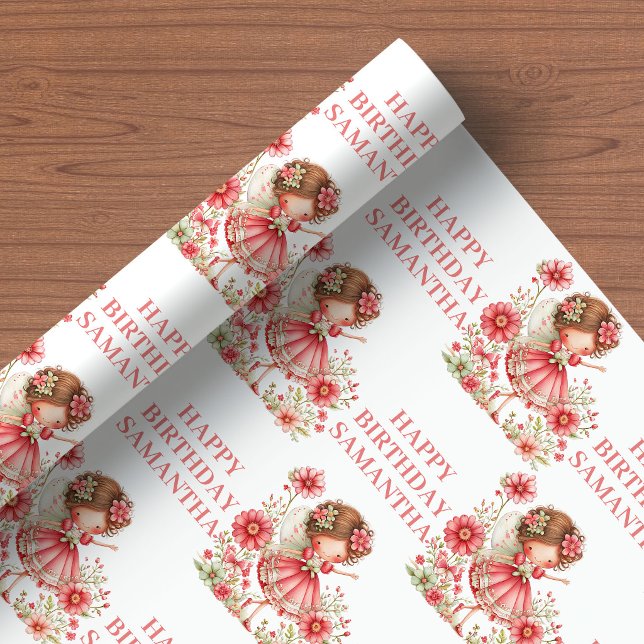 Papel De Presente Menina Fada Mágica Rosa Floral Aniversário Embrulh (Magical Fairy Girl Blush Floral Birthday Wrapping Paper

)