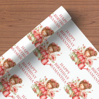 Papel De Presente Menina Fada Mágica Rosa Floral Aniversário Embrulh