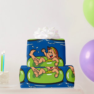 Papel De Presente Menina Flutuando em Tubo de Piscina