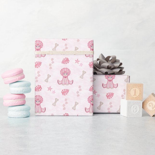 Papel De Presente Menina Fofa Aniversário Dinossauro Rosa (Chá de bebê)