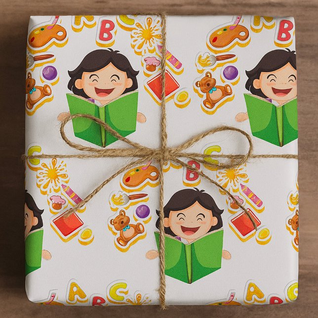 Papel De Presente Menina Lendo Aprendendo Letras ABC e Brinquedos (Criador carregado)