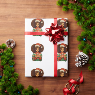 Papel De Presente Menina Negra Afro Natal Chapéu de Papai Noel Afric