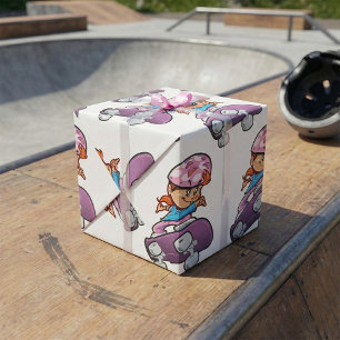 Papel De Presente Menina Skatista Diversão Capacete Rosa Skate