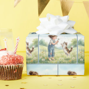 Papel De Presente Menina soprando sementes de dente-de-leão com gato