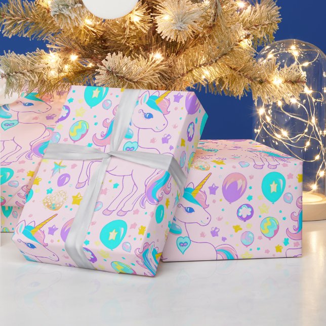 Papel De Presente Meninas de aniversário de unicórnios, Cute Rainbow (Feriados)