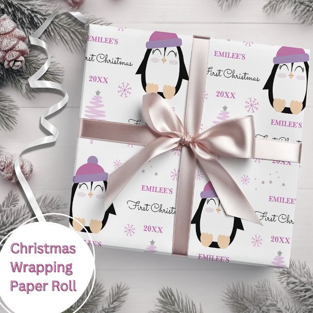 Papel De Presente Meninas do Primeiro Natal Pinguim de inverno Rosa (Criador carregado)