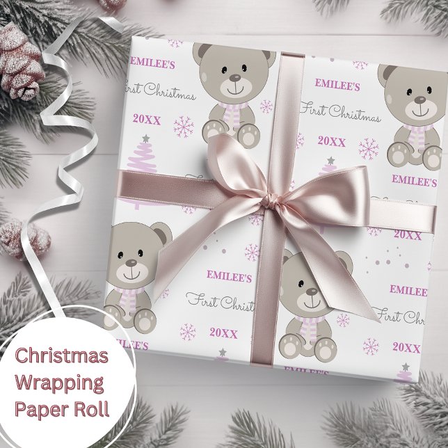 Papel De Presente Meninas do Primeiro Natal Urso de Teddy Rosa (Criador carregado)