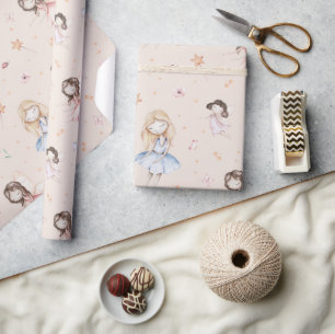 Papel De Presente Meninas Fadas Pêssego Flores Asas Varinha Borbolet