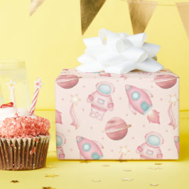 Papel De Presente Meninas Fofas Espaço Aniversário Astronauta Rosa