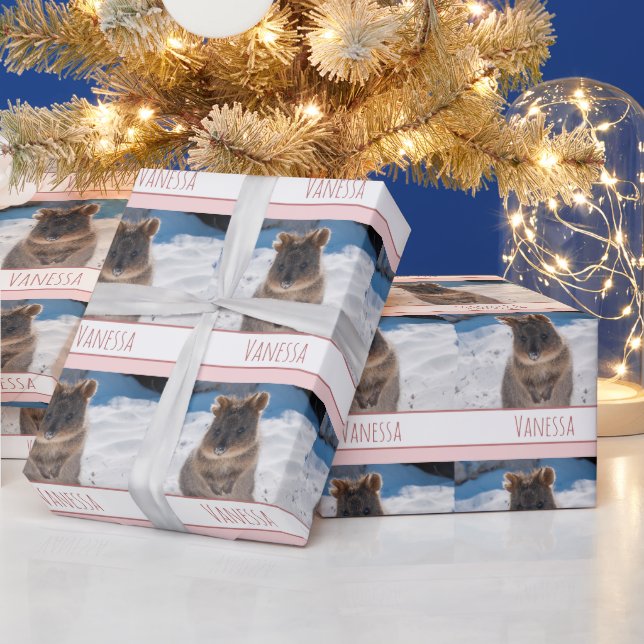 Papel De Presente Meninas rosa personalizadas Quokka na praia (Feriados)