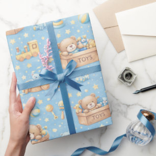 Papel De Presente Menino Azul Caixa de Brinquedos Urso de Pelúcia Tr