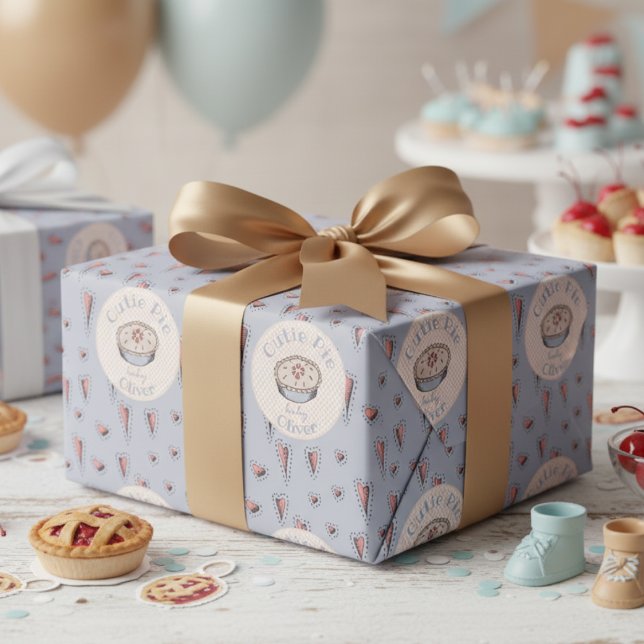 Papel De Presente Menino da tarte azul claro (Boho A Little Cutie Pie Thanksgiving Baby Shower Wrapping Paper for Fall. Autumn Pie and Cute Hearts)