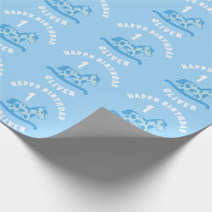 Papel De Presente Menino de Cavalinho de Balanço Azul Fofo de 1º Ani