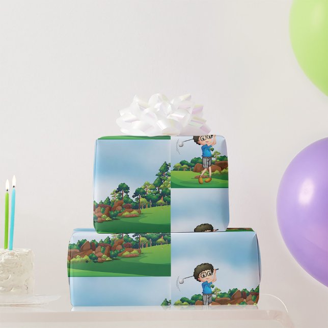 Papel De Presente Menino de desenho animado fofo jogando golfe Desig (Criador carregado)