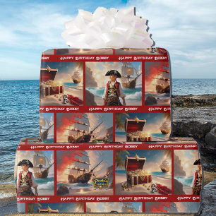 Papel De Presente Menino do Tesouro Pirata Aniversário Personalizar