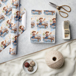 Papel De Presente Menino Pescando Em Um Pier Com Um Pelicano