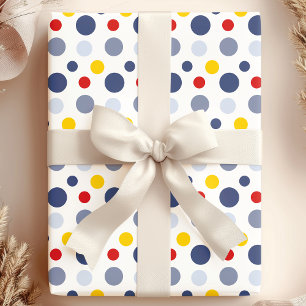 Papel De Presente Menino Pontos Polka Azul Amarelo e Vermelho Padron