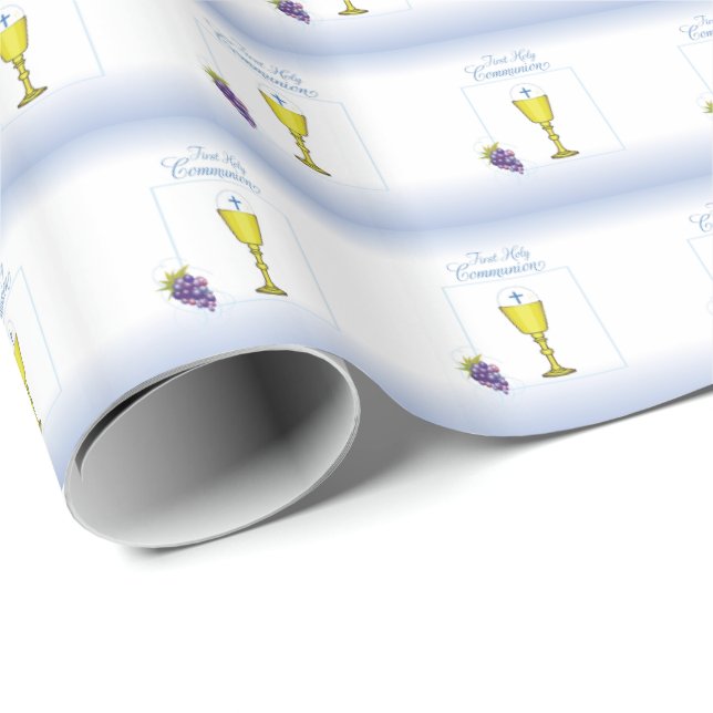 Papel De Presente Menino Primeira Comunhão, Cálice com Hóstia e Uvas (Ponta do rolo)