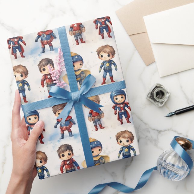 Papel De Presente Meninos Aquarela Pequenos Super Heróis - (Presentear)