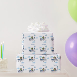 Papel De Presente Meninos Fofo Azul Viagem Avião Crianças 1º Anivers