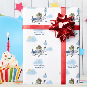Papel De Presente Meninos Fofo Azul Viagem Avião Crianças 1º Anivers