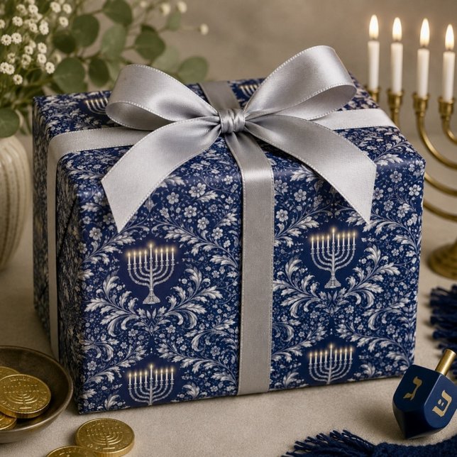 Papel De Presente Menorá Azul-Marinho Fundo Padrão William Morris (Criador carregado)