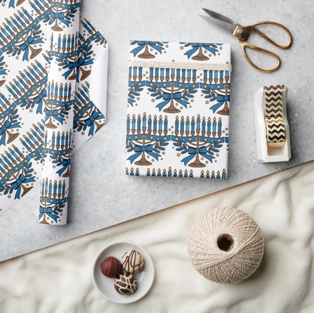 Papel De Presente Menorá de Hanukkah com Laço  (Artesanato)