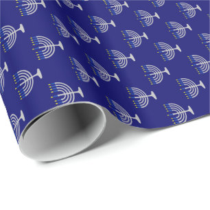 Papel De Presente Menorá de Prata de Hanukkah em Azul-Marinho