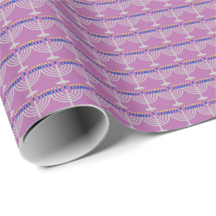 Papel De Presente Menorá de Prata de Hanukkah em Roxo Orquídea Radia