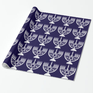 Papel De Presente Menorá Elegante de Hanukkah com Estrela de Davi Fl