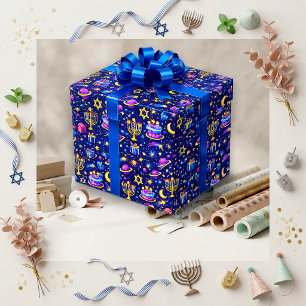 Papel De Presente Menorá Galáxia Azul Festiva Aniversário