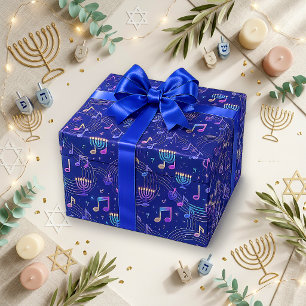Papel De Presente Menorá Musical Azul Festiva