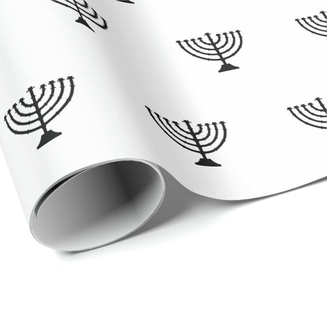 Papel De Presente Menorah judia padrão preto e branco Hanukkah (Ponta do rolo)