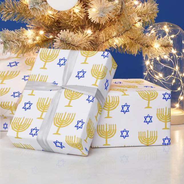 Papel De Presente Menorahs Dourados + estrelas azuis (Feriados)