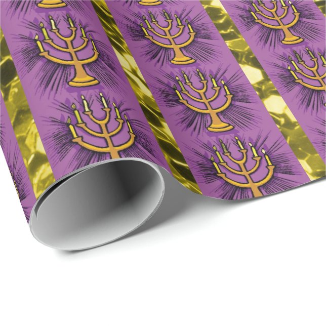 Papel De Presente Menorahs Roxo e Dourada Brilhante (Ponta do rolo)
