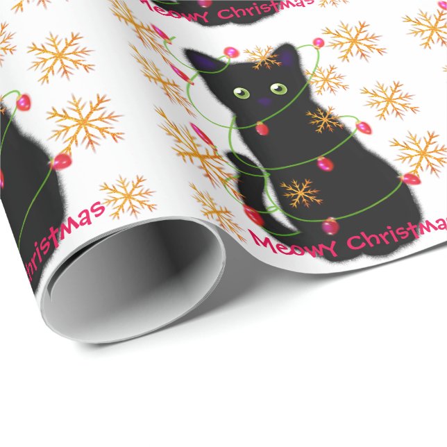 Papel De Presente Meowy Christmas | escamas de neve de ouro espumant (Ponta do rolo)