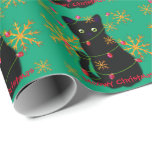 Papel De Presente Meowy Christmas | presente para amantes de gatos |<br><div class="desc">Design de feriado de gato preto-branco - flocos de neve de ouro espumantes</div>