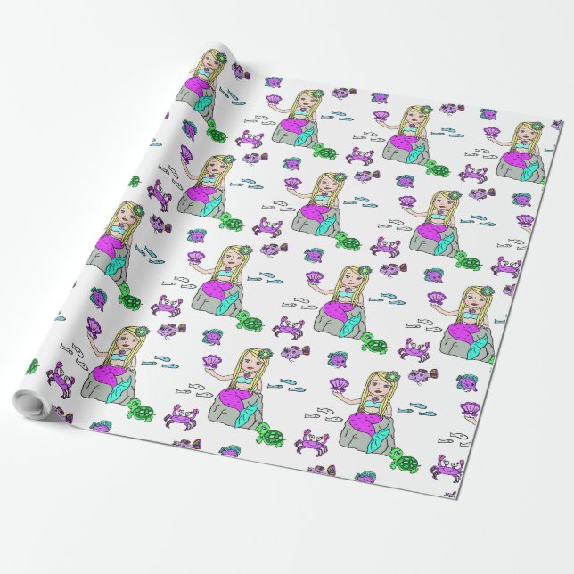 Papel De Presente Mermaid and Sea Creatures Girl's Gift Wrap (Desenrolado)