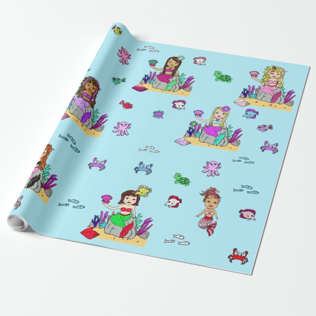 Papel De Presente Mermaid and Sea Creatures Girl's Gift Wrap (Desenrolado)