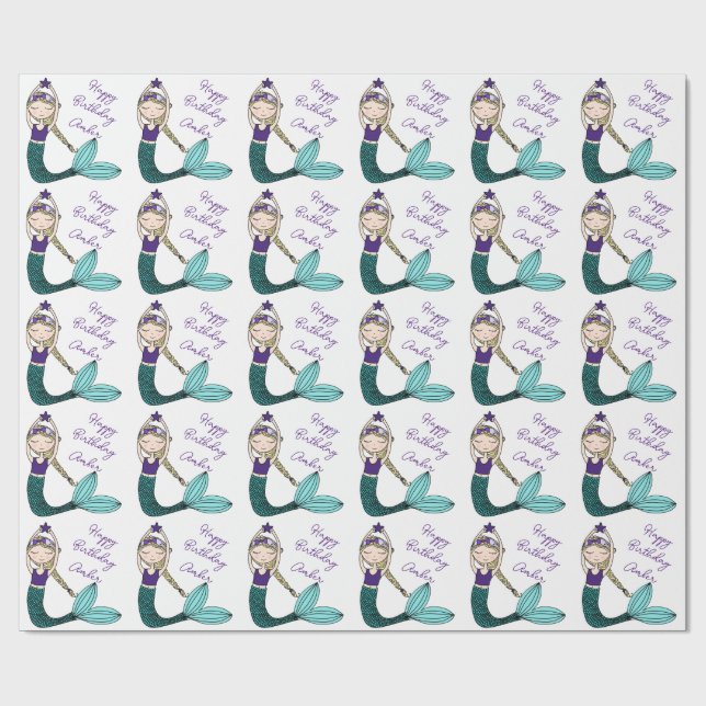 Papel De Presente Mermaid Birthday embrulhando papel, moça de sereia (Aberto)